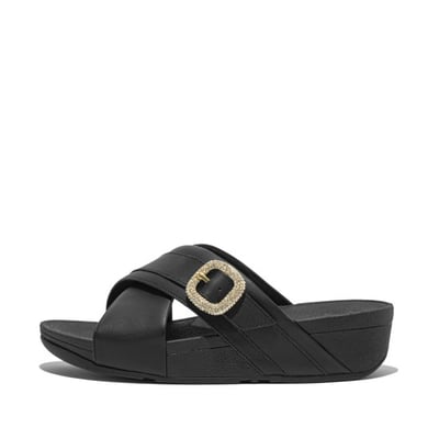 Lulu Crystal-Buckle Leather Cross Slides