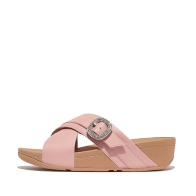Lulu Crystal-Buckle Leather Cross Slides