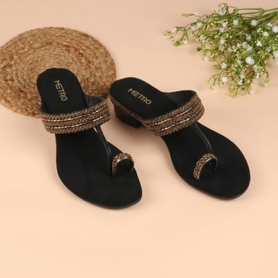 Women Black Ethnic Slip Ons