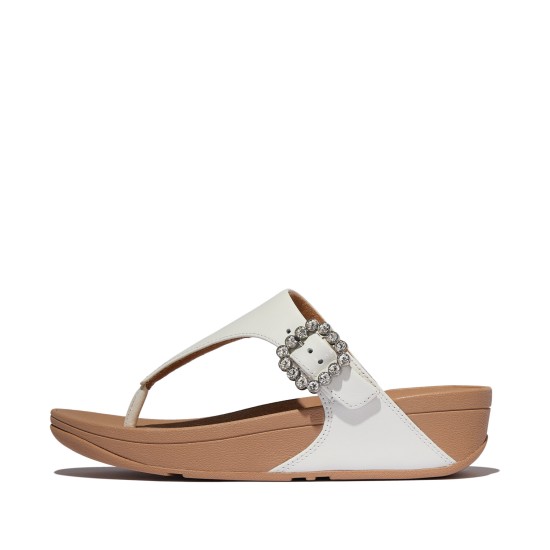 Lulu Crystal-Buckle Leather Toe-Post Sandals