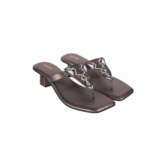 Women Gun-Metal Ethnic Slip Ons