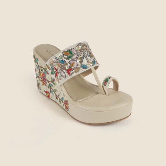 Women Beige-red Ethnic Slip Ons