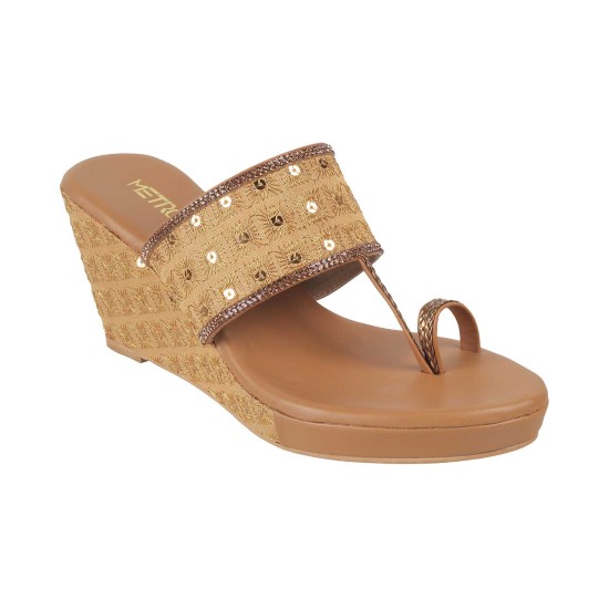 Women Antique-Gold Ethnic Slip Ons