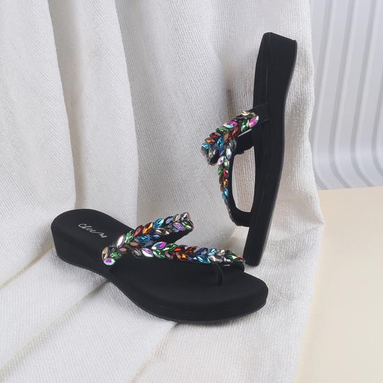 Women Black-multi Ethnic Slip Ons
